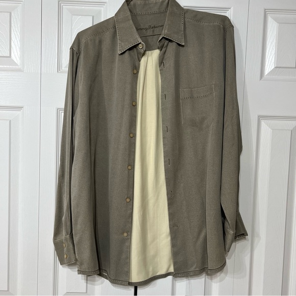 Tommy Bahama Olive Men M Silk Wool long sleeve button Shirt preowned - Picture 2 of 7